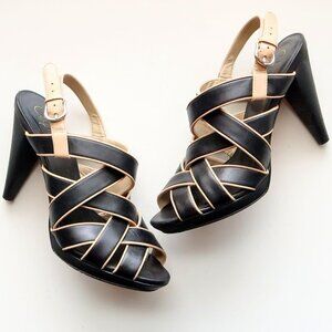 Cole Haan Black & Cream Leather Strappy Slingback Peep Toe Heels Sandals Shoes